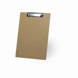 A brown clipboard with a metal clip, featuring a smooth surface and simple design.