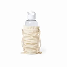 A clear drink bottle with a white lid, encased in a cream drawstring pouch.