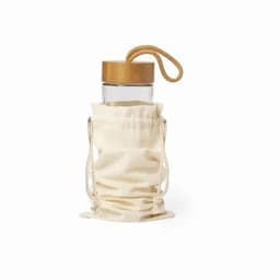A drink bottle with a wooden lid, enclosed in a cream-coloured cloth pouch with drawstrings.