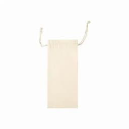 A drawstring bag made of unbleached fabric, featuring two strings at the top for closure.