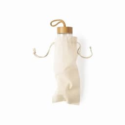 A drink bottle with a transparent body and a wooden lid, encased in a light-coloured fabric pouch.