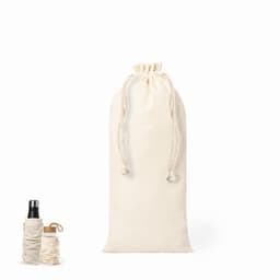 A drink bottle and a smaller container both in a beige fabric holder. The larger holder has a drawstring closure.