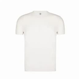 A plain white T-shirt with short sleeves. The shirt features a logo on the neckline.
