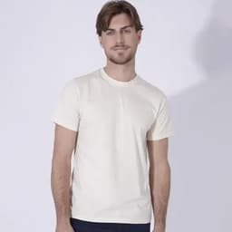 A plain cream-coloured T-shirt on a male model, featuring a simple design with a crew neckline.