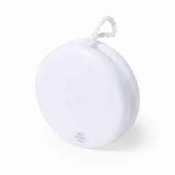 A round, white drink bottle with a closed cap and a handle on top, featuring a logo.