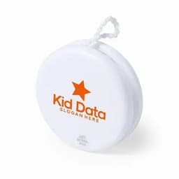 A round, white yo-yo with an orange star and text, featuring a looped string for handling.