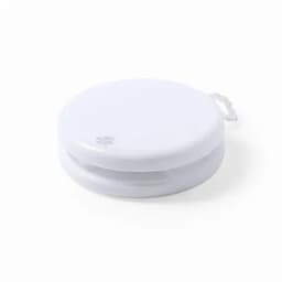 A white, round container with a handle, featuring a smooth, glossy surface and a simple design.