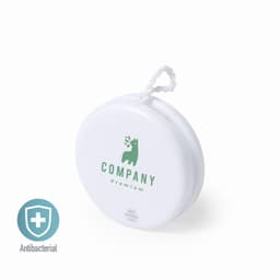 A white round product with a hanging loop and a logo, featuring antibacterial properties.