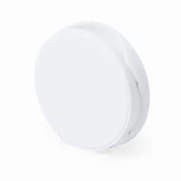A round, white drink bottle with a smooth finish and a minimalist design features a logo.