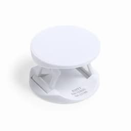 A small white antibacterial product with a circular design and foldable base. It has a logo on the surface.