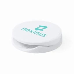 A white compact with a logo on top, featuring a sliding mechanism for opening and closing.
