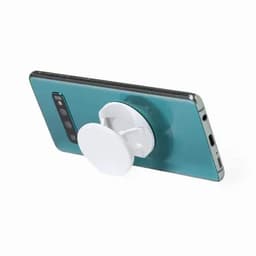 A phone grip stand in white attached to a teal phone, featuring a circular design. The phone has a brand logo.