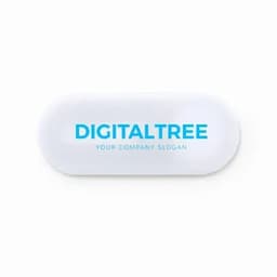 A white promotional item with a blue logo and text, featuring a smooth, rounded design.