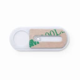 A clear plastic promotional product with a circular cut-out and a slot, featuring a beige segment and a logo.