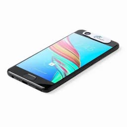A smartphone with a black body and a vibrant touchscreen display, featuring a logo on the top.