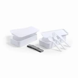 Two white stacking lunch boxes with cutlery inside and a grey elastic strap for securing the lids.