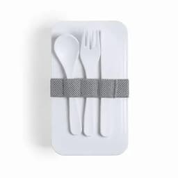 A white utensil set featuring a spoon, fork, and knife, secured with a grey elastic strap.