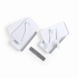 A set of white bento boxes with a spoon, fork, and a grey silicone band for securing the containers.