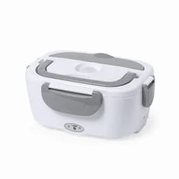 A lunch box in white with grey accents, featuring a secure lid and a built-in light.