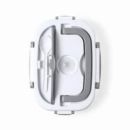A food container with a white base and grey accents, featuring a spoon holder and a hinge lid.