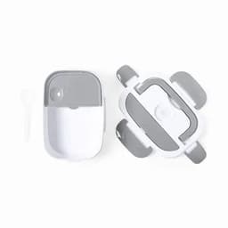 A drink bottle in white and grey with a matching spoon, featuring a hinged lid and a design for easy handling.