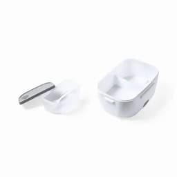 A lunch box set in white with a grey lid, featuring compartments and a separate small container.