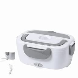 A lunch box with a grey lid and handles, featuring a detachable power cord for heating.