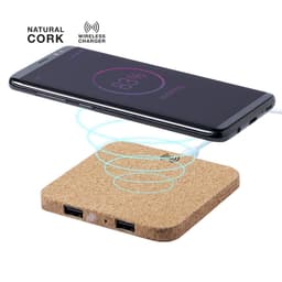 A wireless charger with a natural cork surface and USB ports, featuring a smartphone charging above it.