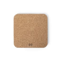 A cork charging pad in a square shape with rounded corners and a small logo on the surface.