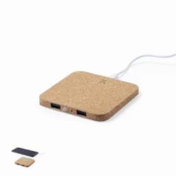 A cork-textured charging pad with two USB ports, featuring a simple, square design.