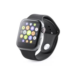 A smartwatch with a square face featuring various app icons, set on a black silicone strap. It has a metallic frame.