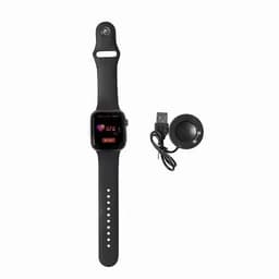 A smartwatch with a black strap and a charging dock, featuring a screen displaying heart rate information.
