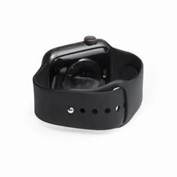 A smartwatch with a black strap and circular display, featuring a sleek modern design. It has a logo on the strap.