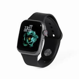 A smartwatch with a black strap, featuring a floral watch face displaying the time and date. The device has a sleek design.