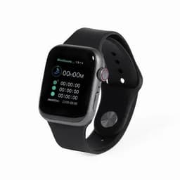 A smartwatch with a square display, black strap, and a silver button on the side, featuring an app interface.