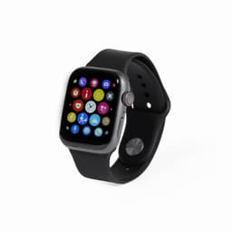 A smartwatch with a black strap displaying a vibrant app interface in various colours. It features a round side button.