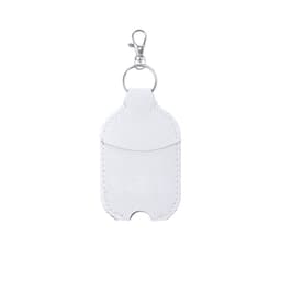 A white promotional keychain holder with a metal clip and stitched edges, featuring a pocket for storage.