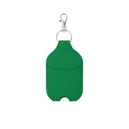 A green drink bottle holder with a clip and a pocket for storage, featuring a simple design.