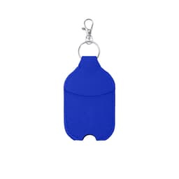 A drink bottle holder in vibrant blue with a clip attachment and a pocket for storage. It features a logo.