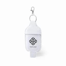 A white drink bottle holder with a clip, featuring a logo on the front. The bottle fits securely inside.