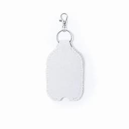 A drink bottle tag in white with a metal clip and keyring at the top. It features a simple, stitched design.