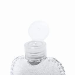 A drink bottle with a grey fabric sleeve and a transparent flip-top lid. It features a branding logo on the sleeve.