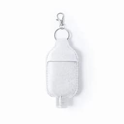 A drink bottle in white with a clip, featuring a textured surface and a clear bottom. It has a branding logo.