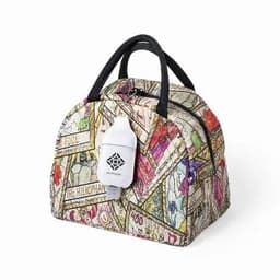 A soft, patterned cooler bag with handles, featuring vibrant illustrations and a logo on the side.