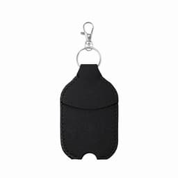 A drink bottle holder in black leather with stitching and a metal clip attachment.