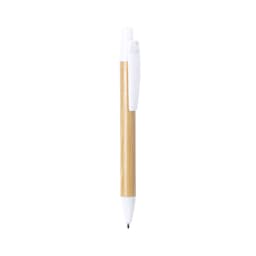 A pen with a bamboo barrel and white accents, featuring a clip and a branded logo.