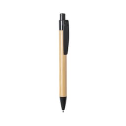 A pen with a natural bamboo barrel and a black plastic clip and nib. It features a logo on the barrel.