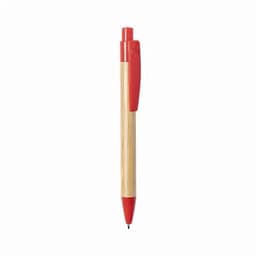 A pen with a bamboo body and a red plastic top and bottom. It features a click mechanism and a clip for attachment.