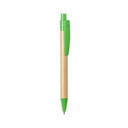 A ballpoint pen with a bamboo barrel and green plastic accents, featuring a clip and a rounded tip.