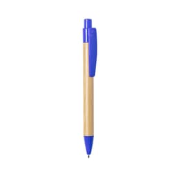 A pen with a blue plastic cap and a natural bamboo barrel. It features a click mechanism for easy use.